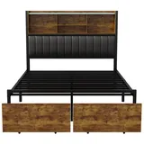 FUROKOY Jugendbett Metallbett LED Bett aus Metall in Eiche Jugendbett (Holzbett mit Metallrahmen&Ladefunktion&Stauraumkopfteil, Zwei Schubladen am Ende des Bettes, Tigerfarbe), Massivholzbett Doppelbett mit 2 Schubladen,140/160/180x200cm schwarz 160.5 cm x 217.5 cm x 138 cm