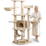 Happy Pet HAPPYPET Kratzbaum für Katzen groß 181 cm hoch - Stabiler Kletterbaum Katzenbaum, dicke Stämme mit 11 cm, Haus & Spieltunnel, große Liegemulden, Spietau mit Kratzrolle Beige