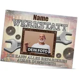 Werkstattschild selbst gestalten - Kann alles reparieren außer Dummheit - mit Name und Foto personalisiertes Outdoorschild aus Aluminium | Wetterfest, 21x15 cm