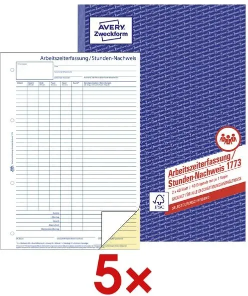 AKTION: 5x Formularbuch »Stundennachweis«, Avery Zweckform, 21x29.7 cm