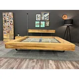 Möbel Specht Massivholzbett Halvar Steel Kernbuche (Balkenbett, Kernbuche sägerau), 20x20cm Balken / Kufen aus Stahl