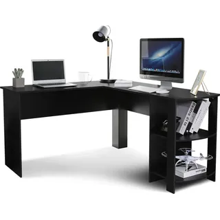 Mondeer Eckschreibtisch Computertisch, L-Förmig Schreibtisch mit 2 abgerundeten Ablagen Schwarz - Schwarz