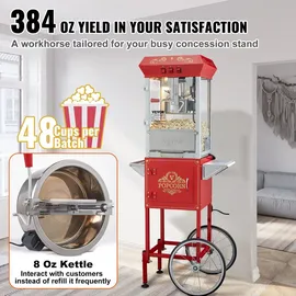 Vevor Popcornmaschine Popcornautomat Popcorngerät mit Wagen 850 W Popcornmaschine 8 oz Kessel für 48 Tassen pro Ladung, Popcornmaschine mit gehärtetem Glas, inkl. 4 Schaufeln, Kino-Stil, rot