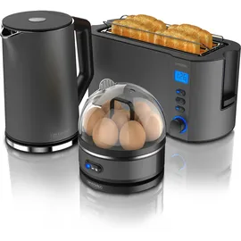 Arendo - SET Toaster MANHA mit Eierkocher SEVENCOOK Edelstahl Grau, Toaster 4 Scheiben, LED-Display, 6 Bräunungsgrade, Brötchenhalter - Eierkocher 1-7