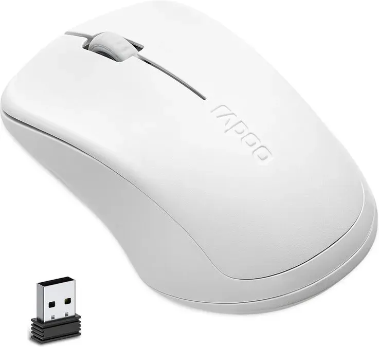 Rapoo 1680 Geräuschlose kabellose Maus, 2,4-GHz-Funkmaus mit USB-Empfänger, 1000 DPI, 3 Tasten, 12 Minuten Akkulaufzeit, beidhändig bedienbar für PC/Tablet/Laptop, ganztägiger Komfort – Weiß