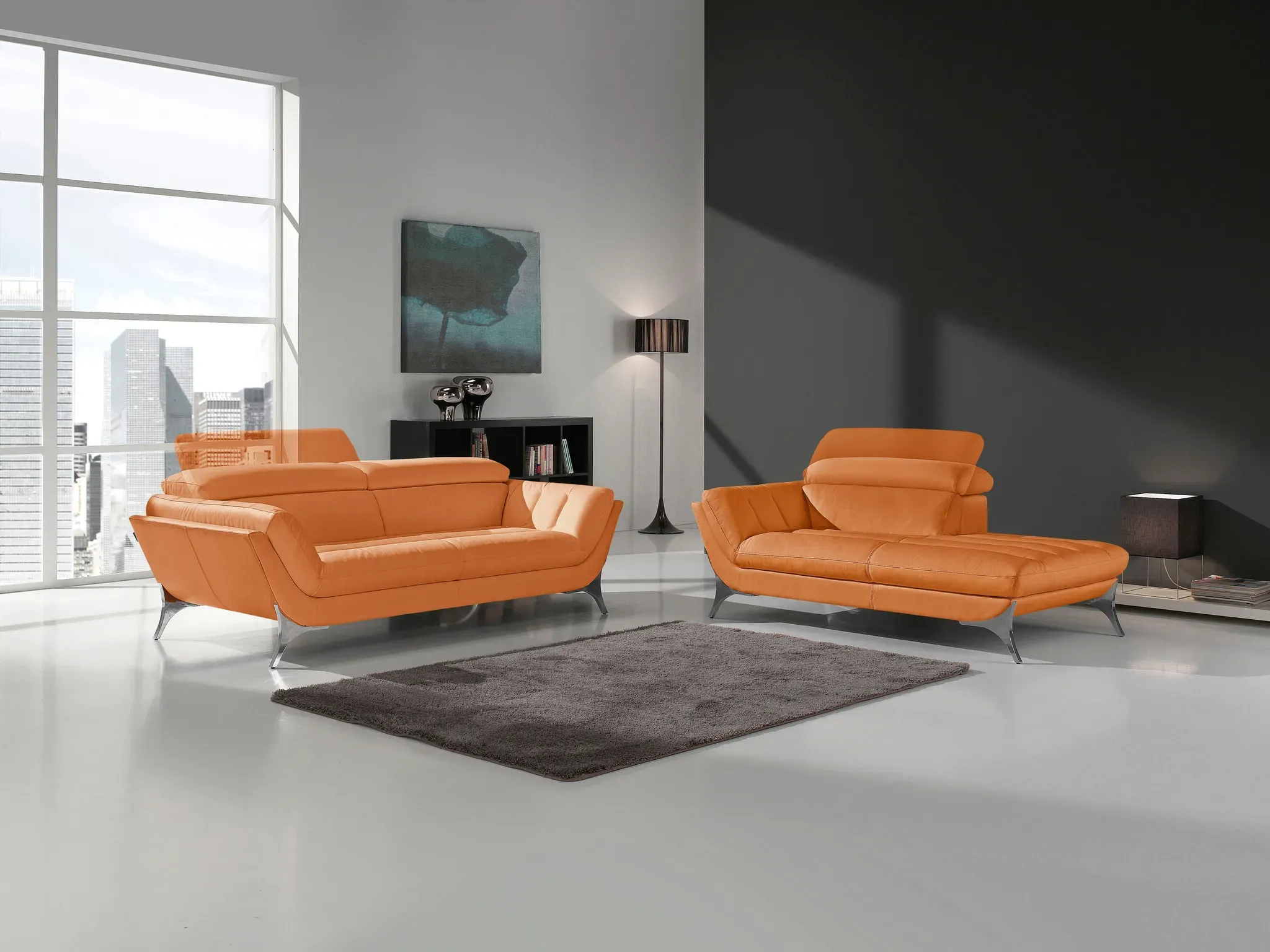 Polstergarnitur EGOITALIANO "Sueli", orange (orange,), B:180cm T:110cm, Leder »BULL« (echtes Rindsleder). Geschliffenes, pigmentiertes und behandeltes Rindsleder mit einer Dicke von 1, 3-1, 5 mm. Dieses Leder zeigt eine ziemlich weiche Hand mit einem halb undurchsichtigen Aussehen. Es handelt sich um ein geschütztes Leder. Eine leichte Deckschicht schützt sie vor Flecken, ohne ihre ursprünglichen Eigenschaften zu verändern. Die geschützten Leder kombinieren die Vorteile von Natürlichkeit und Weichheit mit einer guten Beständigkeit gegen Verschleiß und Ausbleichen. Das Vorhandensein der charakteristischen Zeichen, die das Leben des Tieres bestimmen, wie Narben, Körnungsunterschiede, Falten, Adern, Disharmonien in Farbtönen, beweisen ihre absolute Echtheit und großen Wert., Sitzmöbel-Sets, bestehend aus Sofa und Recamiere, Kopfteilverstellung, Bezug Leder