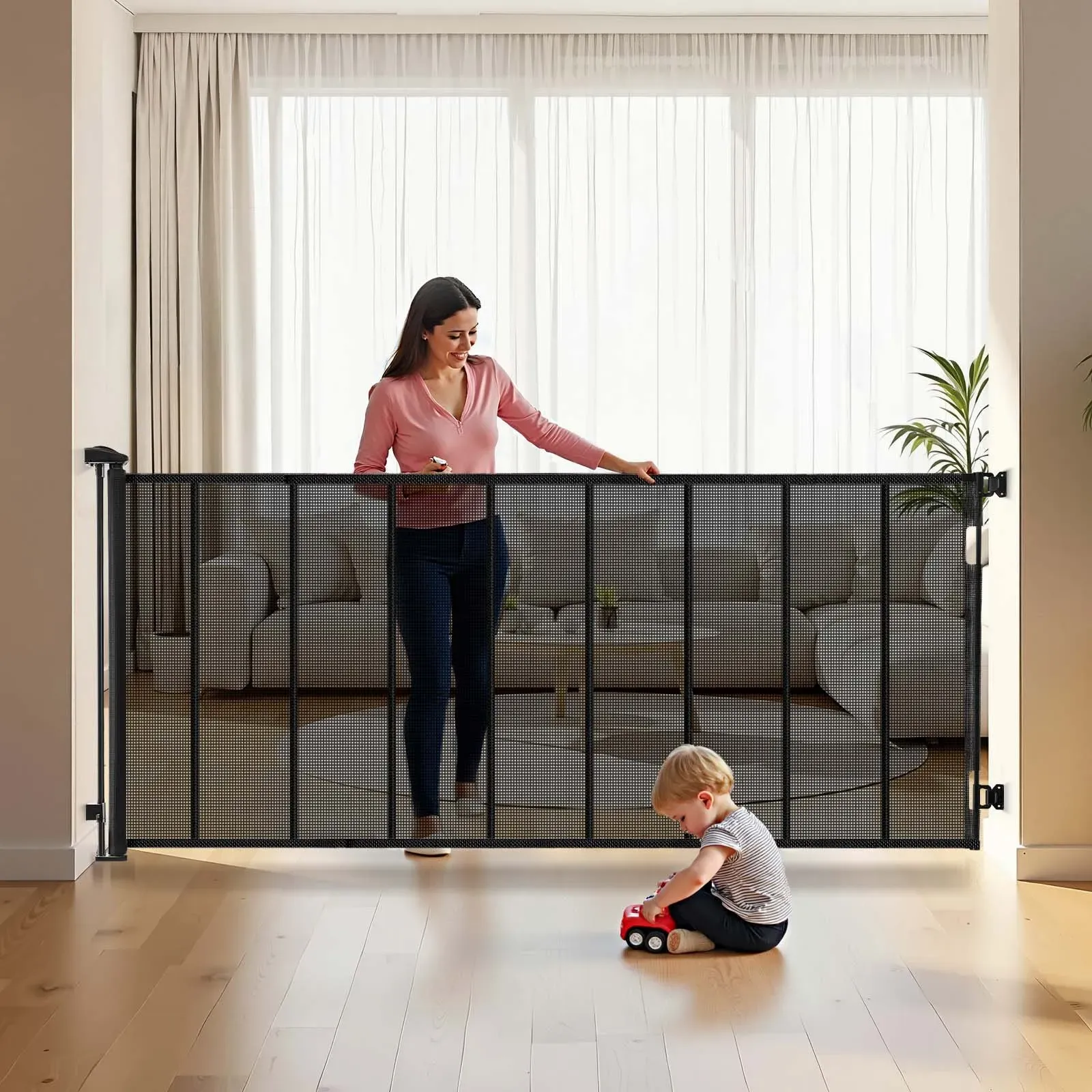 VEVOR einziehbares Babygitter Hundegitter ausziehbar auf 415 cm Breite / 99 cm Höhe, Haustiergitter mit verstärkten Fiberglasstreifen, Schutzgitter aus Netzgewebe für Terrassen Garagen Schwarz