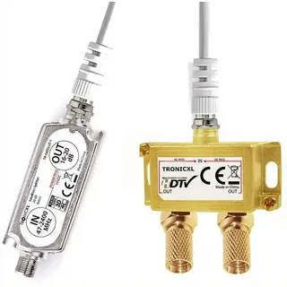 2-Fach Antennenverteiler Splitter Antennenkabelverteiler SAT-Verteiler Verteiler mit Sat Verstärker digital HD Satellit