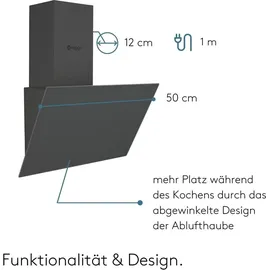 Wiggo Dunstabzugshaube 50cm kopffrei I Abluft Umluft Dunstabzug 300m3/h - LED Touch-Display 3 Stufen I Schräghaube inkl. Fettfilter & 2x Kohlefil...