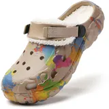 ELIOGN Winter Clogs Gefüttert - Herren Eva Clogs mit Farbspritzer-Design – Leichte rutschfeste Gartenschuhe mit Verstellbarem Riemen, Winter Slip-On Pantoffeln Gartenclogs Khaki 47 - 47 EU