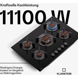 Klarstein Gaskocher 5 Flammig, Einbau-Gaskocher für Innenbereich & Wohnmobil, 10400W Edelstahl-Gaskocher, 5 Flammen Gaskocher, Gasherde mit