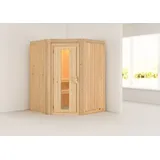 Woodfeeling Karibu Sauna Larin mit Eckeinstieg 68 mm-Ohne Ofen-ohne Dachkranz- Energiesparende Saunatür inkl. 8-teiligem gratis Zubehörpaket (Gesamtwert 191,92€)