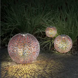 GLOBO Solar Kugelleuchte Außen Solarkugelleuchte Garten, Dekor Stanzungen, antik-silber gold, LED AKKU, DxH 27 x 38 cm