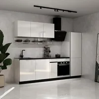 HOME DELUXE Küche PORTOFINO Weiß Hochglanz Rechts Arbeitsplatte Grey Stone- Ohne E-Geräte - Weiß/Grau/Schwarz/Silber