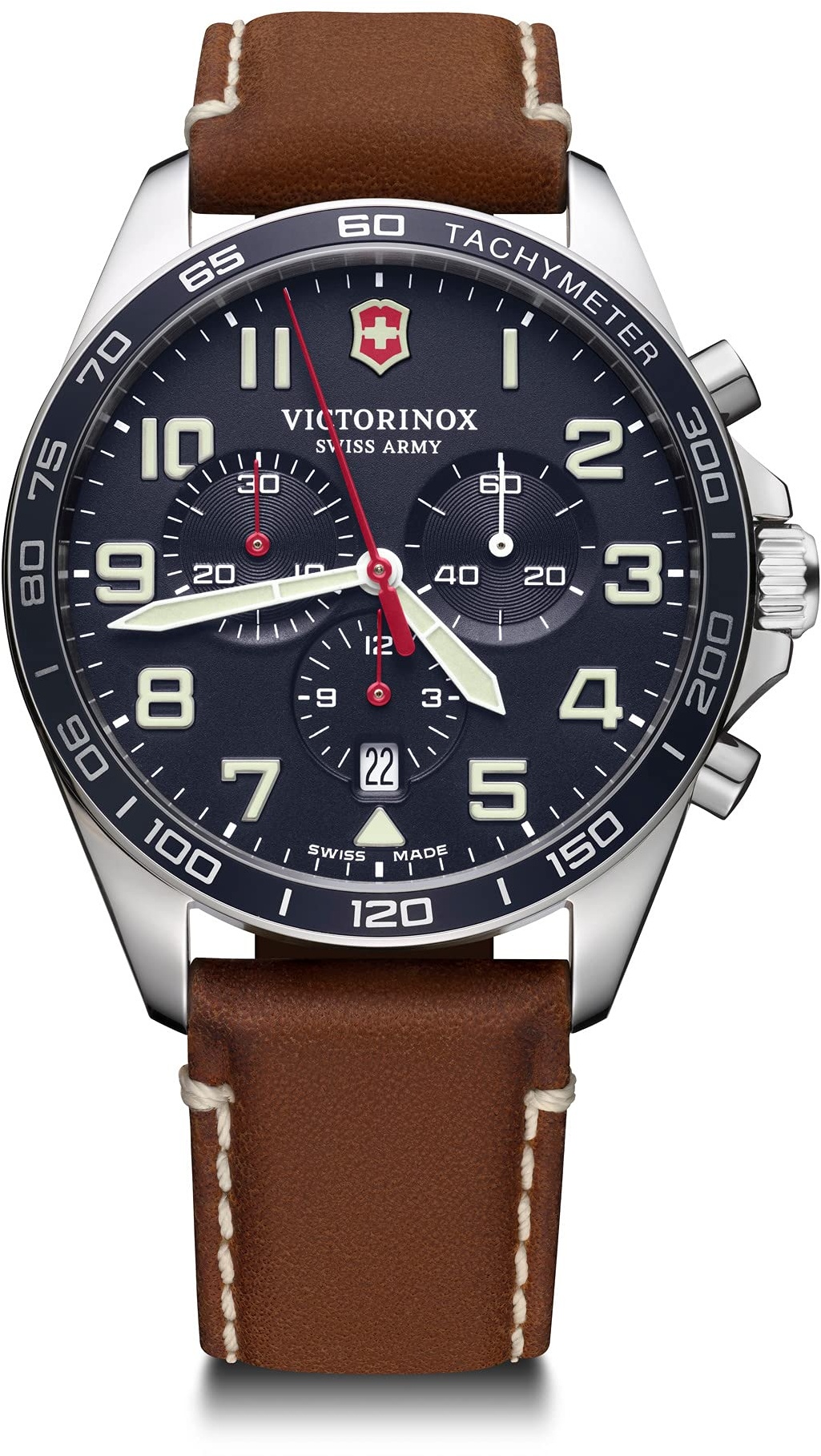 Victorinox Herren-Uhr FieldForce Chrono, Herren-Armbanduhr, analog, Quarz, Wasserdicht bis 100 m, Gehäuse-Ø 42 mm, Armband 21 mm, 82 g, Blau/Braun