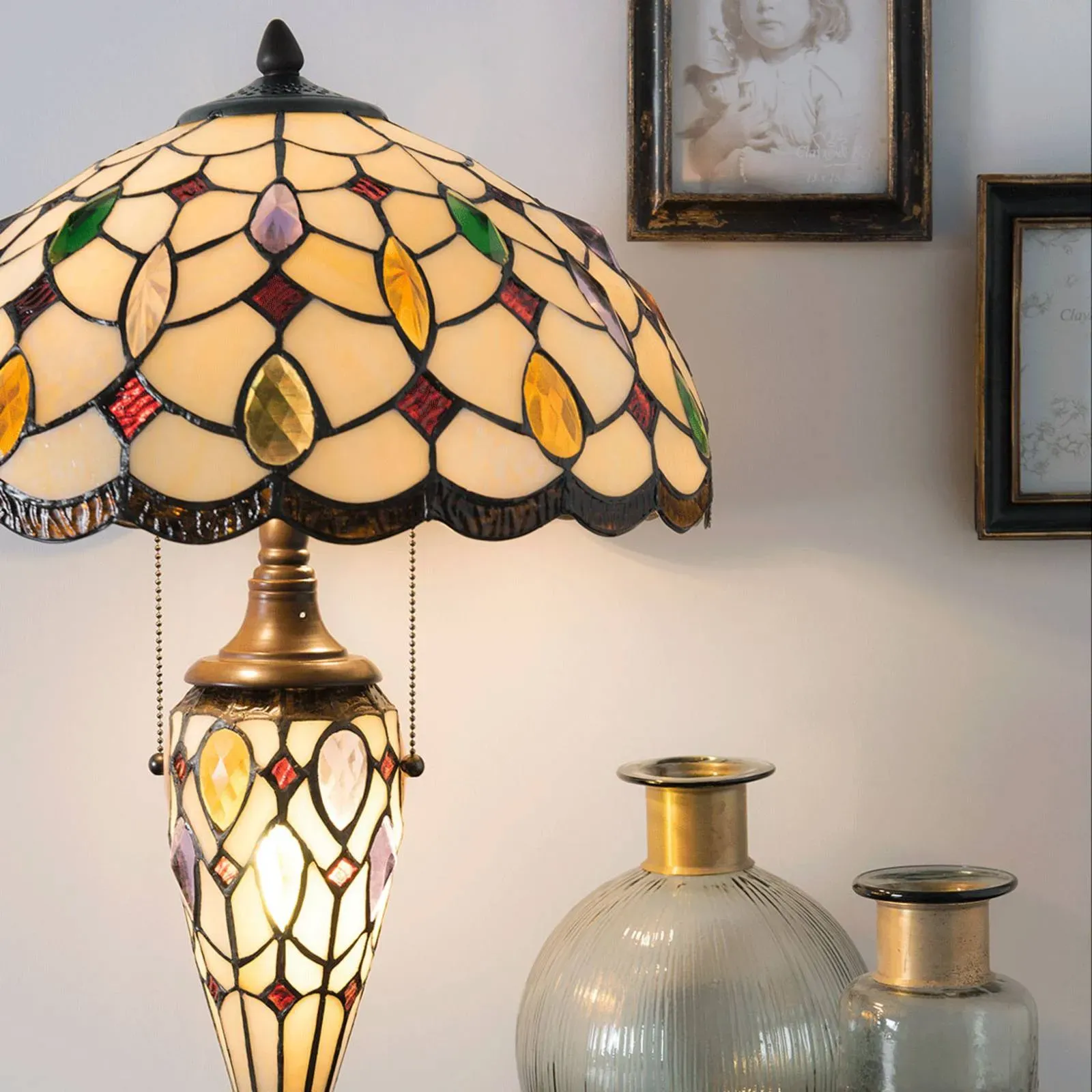 Clayre&Eef Tiffany Tischlampe 5182, Multicolour, für Wohn- / Esszimmer, Glas, Tiffany, Tischlampe - 40 cm - 40 cm - 60 cm
