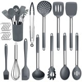 Herogo Silikon Küchenhelfer Set, 22-teiliges Kochutensilien Kochbesteck Set with Utensilienhalter, Hitzebeständiger Küchenutensilien mit Edelstahlgriff, Antihaft & Gesund, Grau