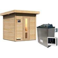 Karibu Gartensauna Saunahaus Hytti 2 inkl. 9-teiligem gratis Zubehörpaket Energiesparende Saunatür mit Glaseinsatz 9 kW Ofen inkl. Steuergerät