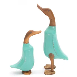 DESIGN DELIGHTS Enten HOLZFIGUREN Set Duck | Mahagoni, Teakholz, 33x20, bunt, 2-teilig | Deko Ente, Enten Skulptur, Holzskulptur, farbige Teak Dekofigur, Tierfigur | Farbe: türkis