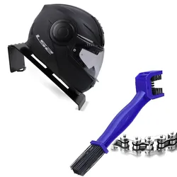 Set: Motorradhelm Halterung HH1 Wandhalterung in schwarz + Reinigungsbürste Motorradkette blau