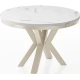 WFL GROUP Runder Ausziehbarer Esstisch im Loft-Stil - Industrieller Tisch in Weißer Marmoroptik mit Beige Cashmere Metallbeinen - Platzsparender Tisch für - Marmor Weiß - 100 bis 180 cm
