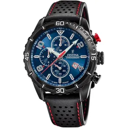 Chronograph FESTINA, schwarz (schwarz, dunkelblau), Armbanduhren, Herren, Armbanduhr, Quarzuhr, Herrenuhr, Stoppfunktion, Lederarmband