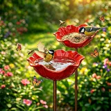 Futterstation Vögel,Vogeltränke Metall,Insektentränke Blumes Für Den Garten,Vogeltränke Winterfest Gartenstecker,Bienentränke Gartens Für Bienens,Futterschale, Für Rase (C- 2 Stück Rot)