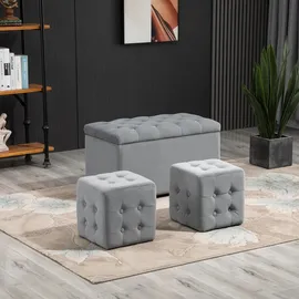 Homcom 3 tlg. Sitzbank mit Stauraum und 2 Sitzhocker Faltbar Hellgrau 75 x 40 x 42 cm