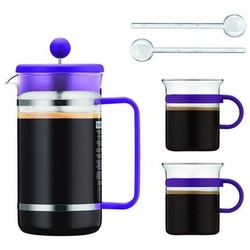 Bodum French Press Kanne Bistro, silberner Permanentfilter, Set, 2 Glastassen mit 0,2 Liter, 2 Kaffeelöffel aus Kunststoff lila