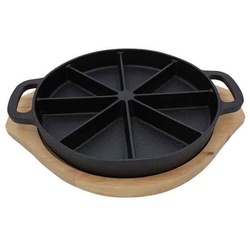 PROREGAL® Grillpfanne Wedge Pan mit Holz-Serviertablett Ø 21,5 x 3 cm, Gusseisen, Gusseisen (2-tlg), Pfanne ist in 8 Bereiche geteilt
