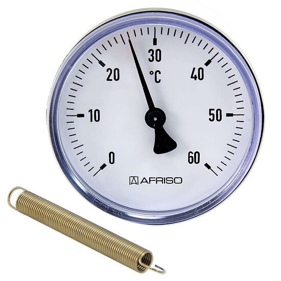 Bimetall-Anlegethermometer - Ø 63 mm - Anzeige 0 bis 60 °C - mit Montagefeder für Rohre von 3/8'' bis 1 1/2