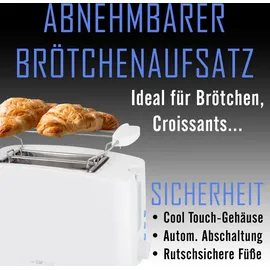 Clatronic Clatronic® Toaster 2 Scheiben | Toaster mit Auftau-/Aufwärm-/Schnellstoppfunktion | Toaster mit Brötchenaufsatz | Toaster weiß