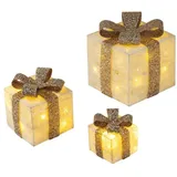 Bambelaa! 3er Led Deko Geschenke Leucht Boxen Timer Weihnachts Dekoration Weihnachtsdeko Beleuchtet Deko Weihnachten (Gold)