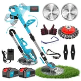 Rasentrimmer mit Akku mit Unkrautbürste 21V Elektrischer Freischneider Akku Rasentrimmer Rasenkantenschneider mit 2X4.0Ah Akkus & Ladegerät Verstellbarer Kopf Teleskopgriff für Garten Rasen Hof Blau