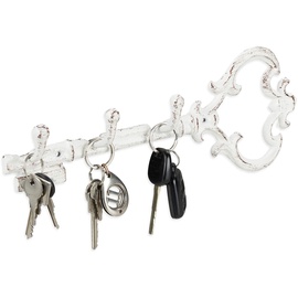 Relaxdays Schlüsselbrett, 3 Haken, dekorative Schlüsselform, Gusseisen, Vintage, Shabby, HBT 12,5 x 33 x 4,5 cm, weiß