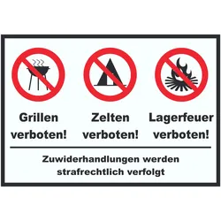 Grillen Zelten Lagerfeuer verboten Schild A1 Rückseite selbstklebend