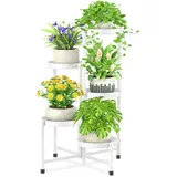 iDavosic.ly 5 Etagen Metall Pflanzenständer Blumentopfständer, Mehrstöckig Pflanzenregal Blumenregal Pflanzentreppen für Zimmerecke, Wohnzimmer, Balkon, Terrasse, Hof (Rund, Weiß)