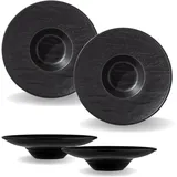 wilmax england Tiefe Schalen - 2 Stück 27 cm / 250 ml Schwarze Pastateller, Natursteintextur