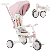 aiyaplay Dreirad 5-in-1 mit Schubstange für 1-3 Jahre Faltbar Kinderdreirad mit reversiblem Sitz, Fußstütze, ausziehbar Sonnendach, Aufbewahrungstasche, Sicherheitsgurt Rosa