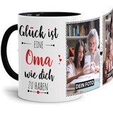 Tassendruck Fototasse mit Spruch für Oma - Glück ist, jemanden wie Dich zu haben - zum Selbst gestalten mit 2 Fotos, Innen & Henkel Schwarz, 300 ml