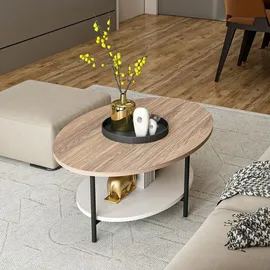 [en.casa] Couchtisch Fredericia Wohnzimmertisch oval Beistelltisch Eiche-Optik Weiß Sofatisch mit unterer Ablage /
