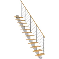 Dolle Mittelholmtreppe Frankfurt Gerade Buche, geölt 75 cm breit für Geschosshöhen 222 – 258 cm UK Metall Perlgrau inkl. einseitigem Designgeländer
