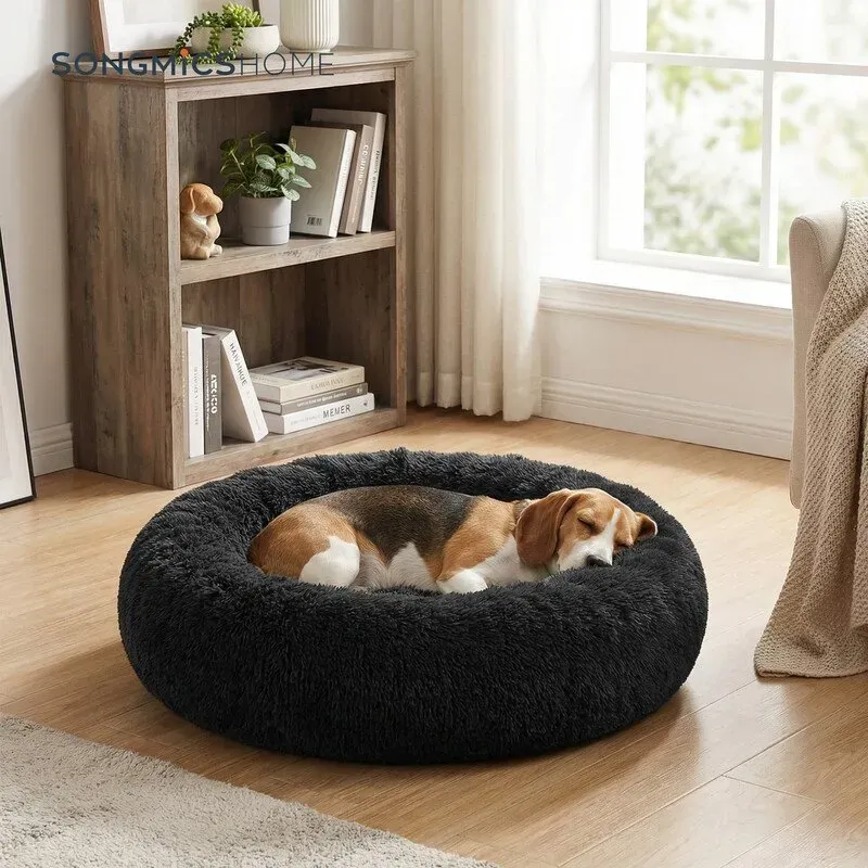 flauschiges Hundebett, Katzenbett, Donut-Kissen, waschbar, herausnehmbare Mitteinlage, langfloriges Plüschmaterial, 80 cm Durchmesser, Schwarz