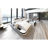 Sofa Dreams Ecksofa Wave L Form Ledersofa LED, 4-Sitzer, Leder-Mix, USB, Weiß-Schwarz, Ottomane links, mit Bett schwarz|weiß