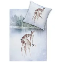 Estella Bettwäsche Iceland 4456 101 Schnee, Flanell, 2 teilig, Landschaft, See, Wald, Reh weiß