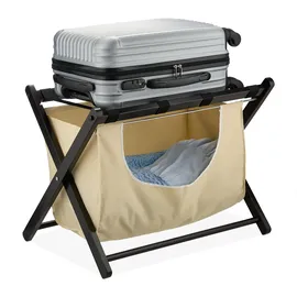 Relaxdays Kofferständer, klappbar, Holz, HxBxT: 52 x 68 x 47 cm, Gepäckständer mit Wäschesack, Hotel, schwarz/beige