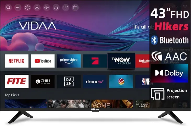 Hikers Smart TV 43 Zoll (108 cm) FHD LED Android TV mit WiFi, Bluetooth, YouTube, Netflix, Prime Video, Disney+ und Triple Tuner (DVB-C/S/S2/T/T2)