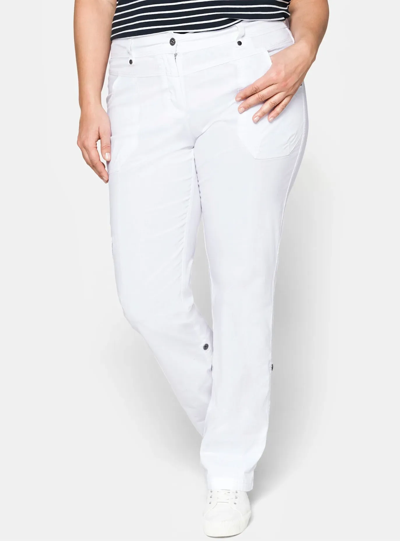Cargohose SHEEGO, Damen, Gr. 80, Langgrößen, weiß, 97% Baumwolle, 3% Elasthan, unifarben, Hosen Cargohose