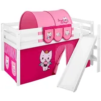 Spielbett JELLE 90 x 200 cm Angel Cat Sugar - Hochbett LILOKIDS - Weiß - mit schräger Rutsche und Vorhang - Weiß/Rosa