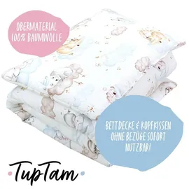 TupTam Kinder Gemusterte Bettdecken Set Ganzjahresdecke Bettdecke Kopfkissen Flachkissen 2tlg., Farbe: Tiere auf Wolken, Größe: 135x100 cm